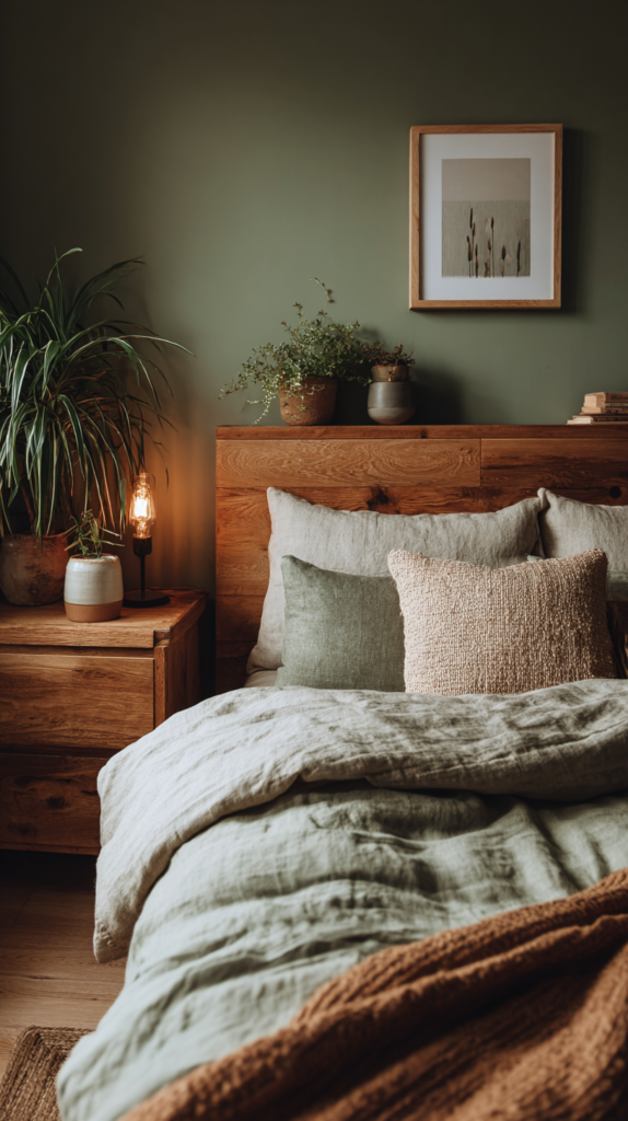 Schlafzimmer mit moosgrüner Wandfarbe, Holzmöbeln und Pflanzen