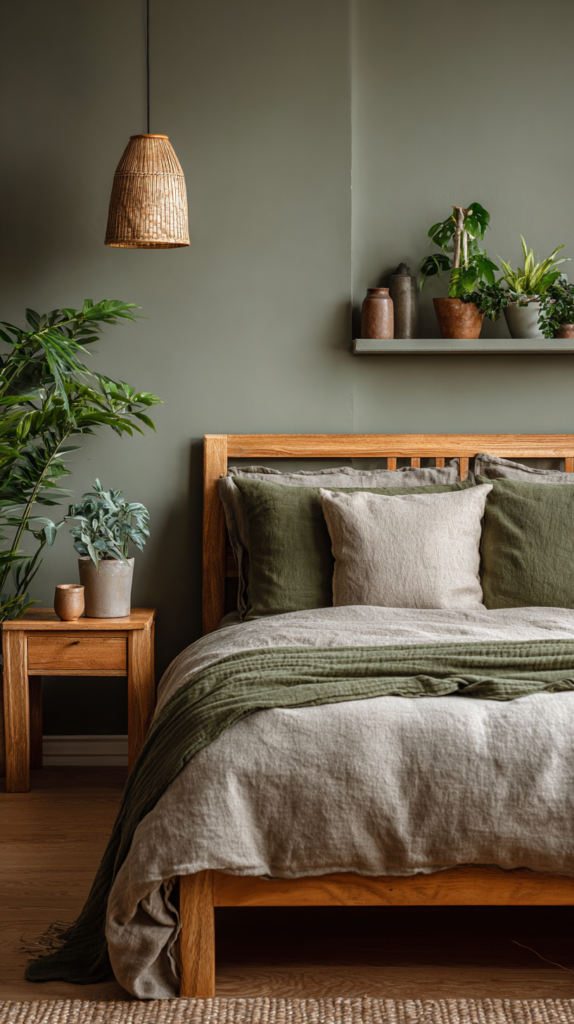 Schlafzimmer mit Olivgrün gestrichener Wand und Holzbett
