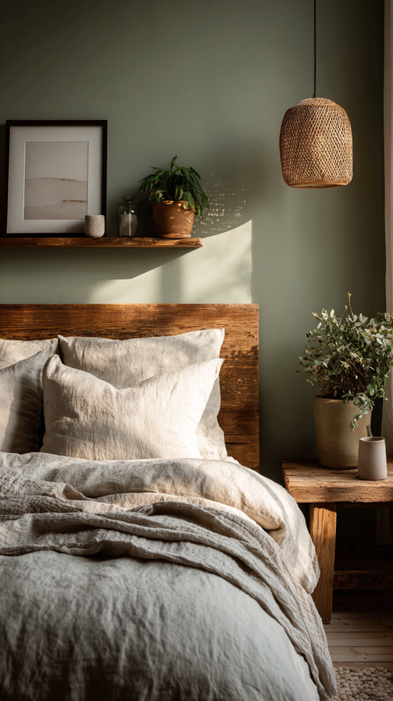 Schlafzimmer in sanftem Salbeigrün mit Leinenbettwäsche und Holzdetails