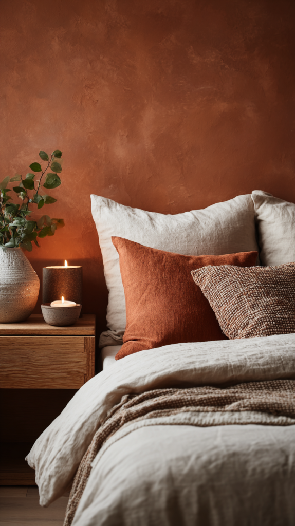 Schlafzimmer in Erdtönen mit Terrakotta-Kissen und warmem Licht