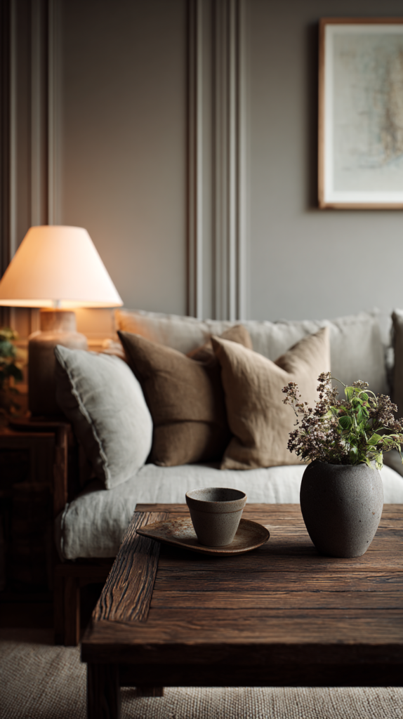 Wohnzimmer in Taupe mit dunklen Holzmöbeln und Leinenstoffen