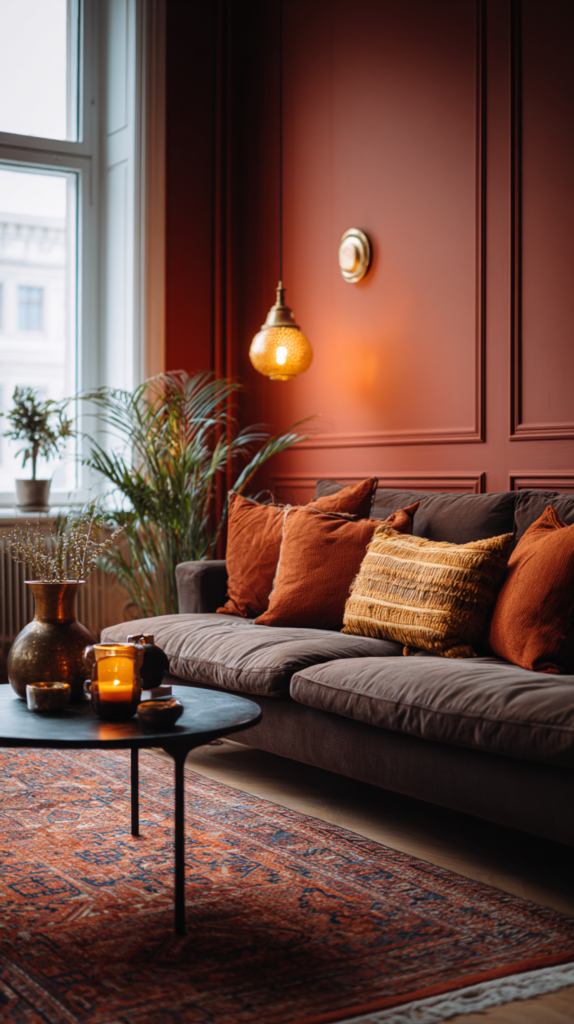  Bordeauxrote Wandfarbe + Samt-Kissen