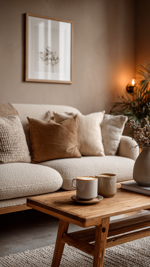  Wohnzimmer mit Cappuccino-Wandfarbe und Bouclé-Sofa