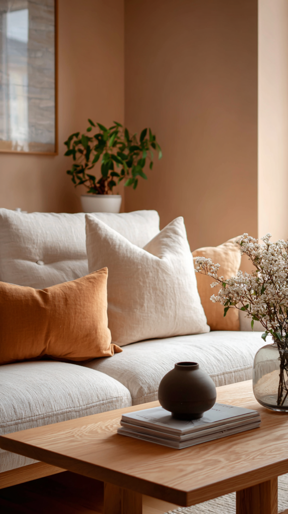 Wohnzimmer in Peach Fuzz mit Naturtextilien und Holz