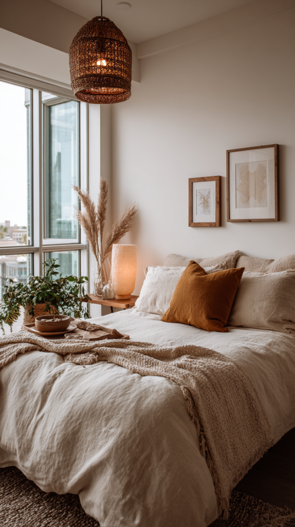 Schlafzimmer mit cremeweißen Wänden und Leinenbettwäsche