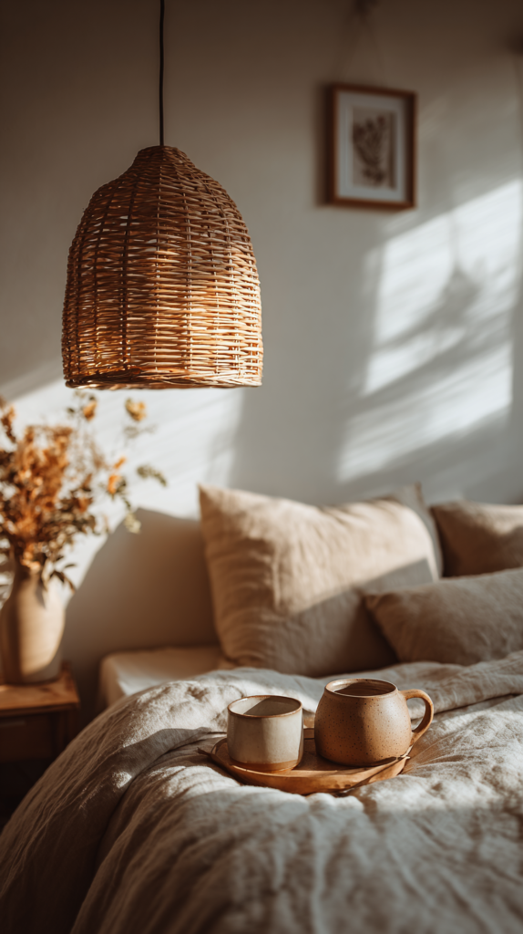 Wohnzimmer in warmem Greige mit Wollteppich und Holzelementen