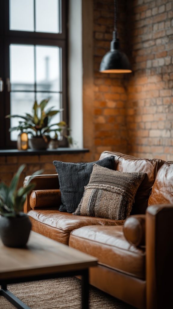 : Industrial Wohnzimmer mit großen Pflanzen in Betontöpfen