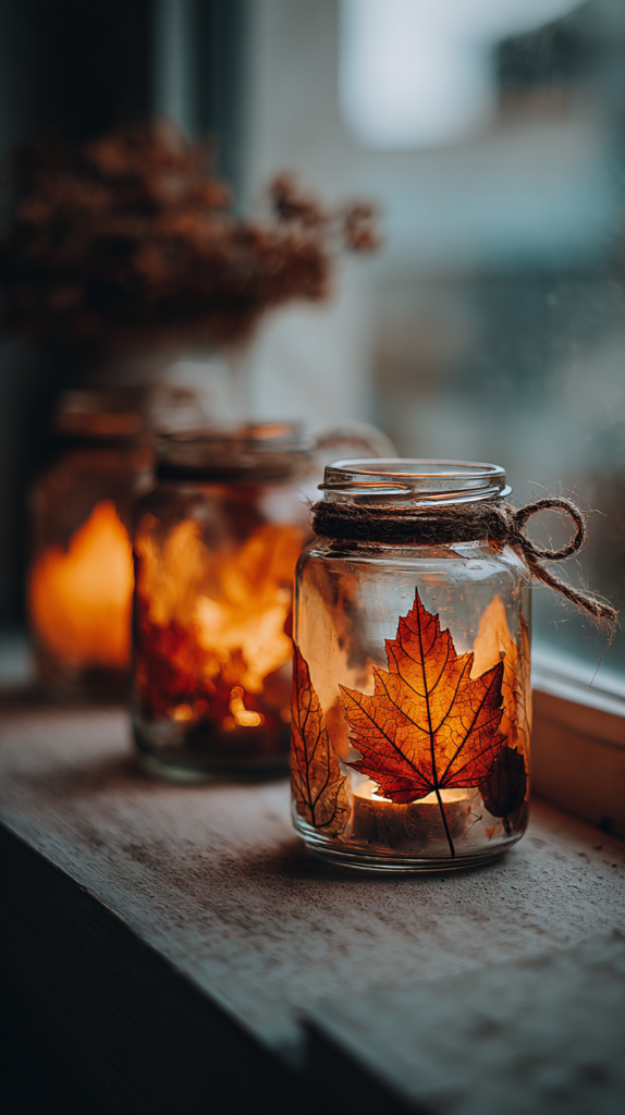 Blätterlaterne mit Teelicht auf Holztisch