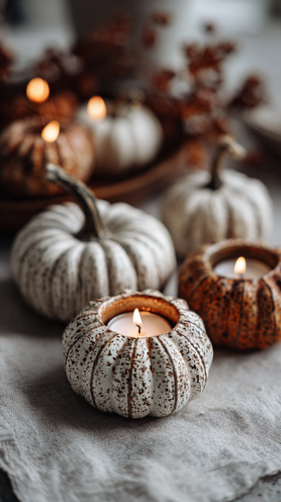 Kleine Kürbisse als Teelichter auf Holztisch