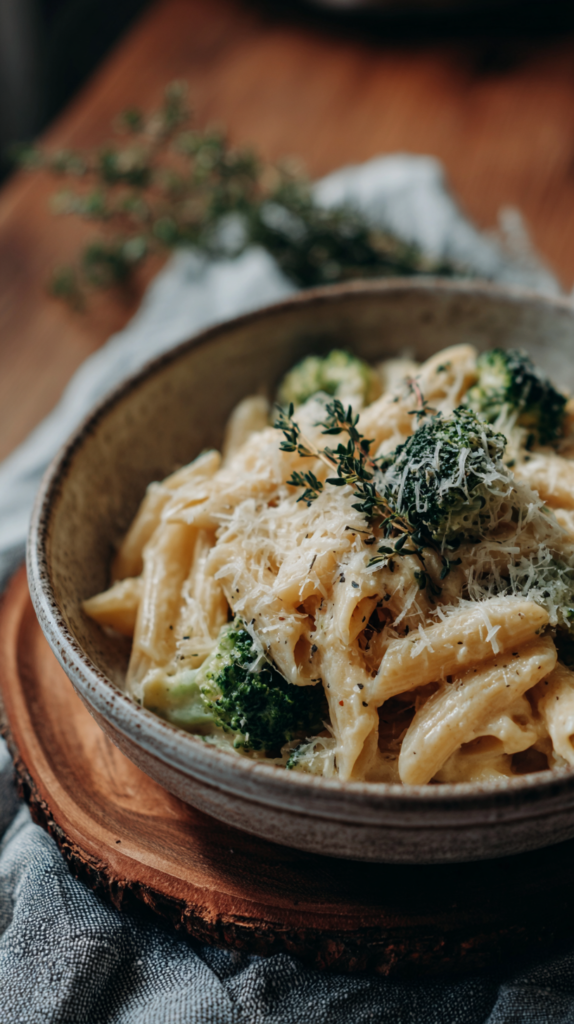 One-Pot-Pasta mit Brokkoli und Käse serviert im Teller
