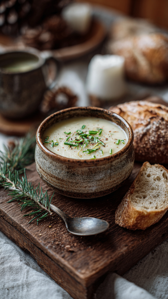 Cremiger Kartoffel-Lauch-Eintopf im Teller mit Brot serviert