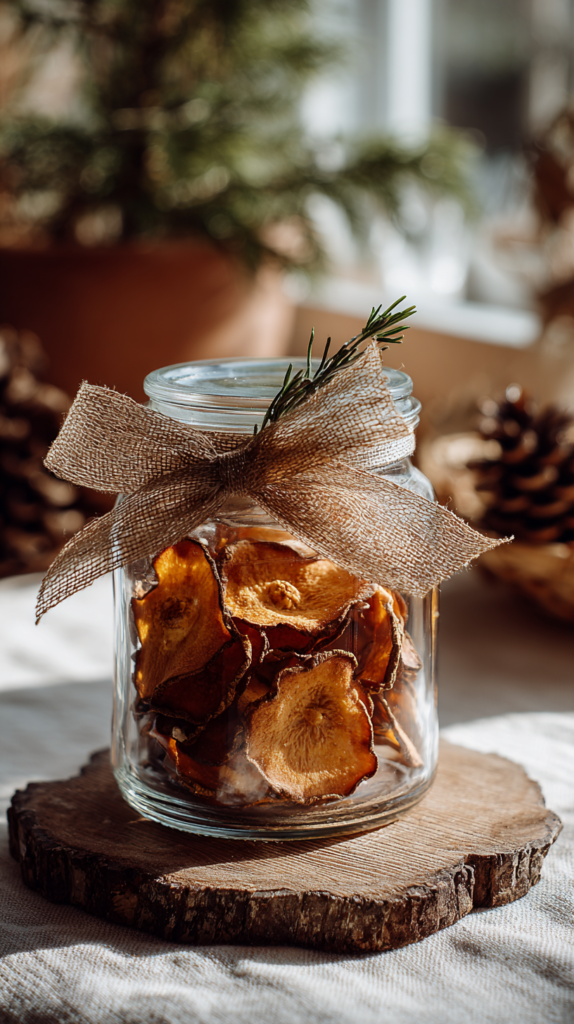 Glas mit Apfelchips, verziert mit Band & Etikett