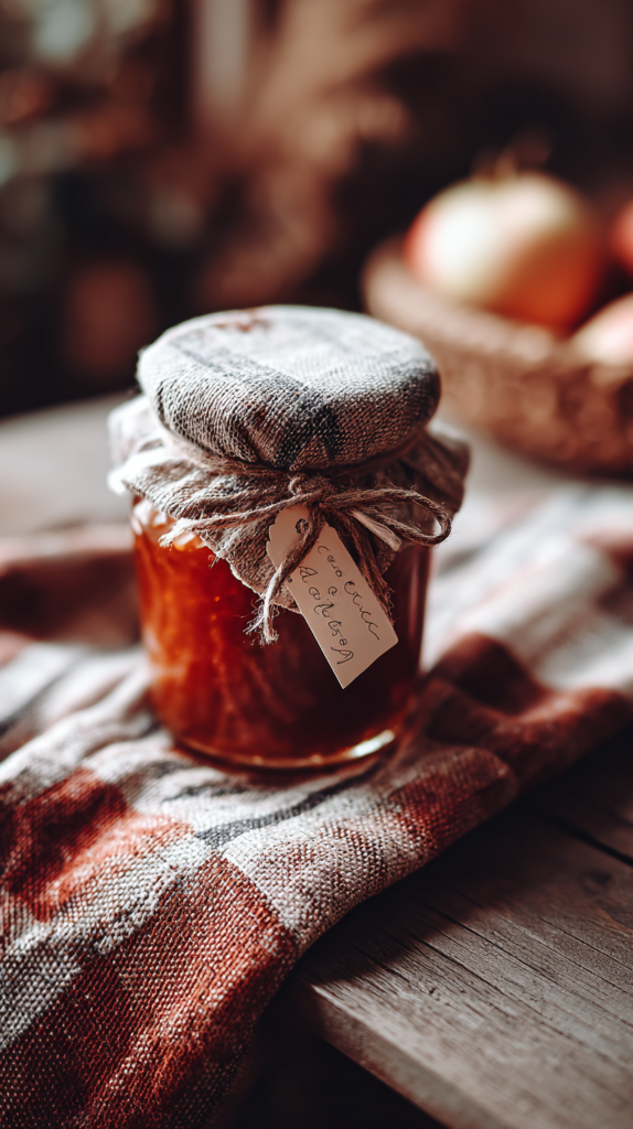Glas mit Apfelmarmelade, dekoriert mit Stoffhaube und Etikett