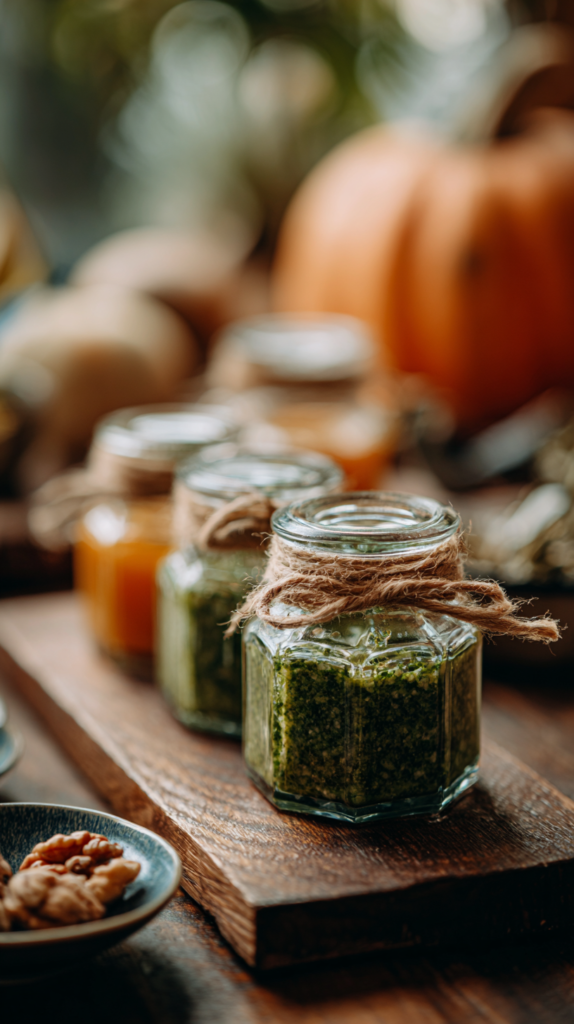 Glas mit Kürbiskernpesto auf Holztisch