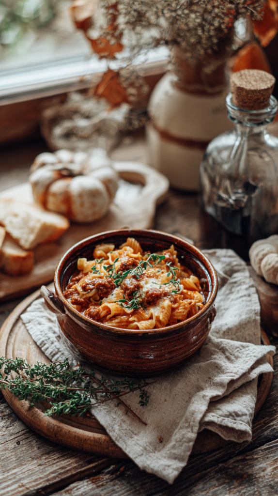 One-Pot-Gulasch mit Nudeln in rustikaler Schüssel