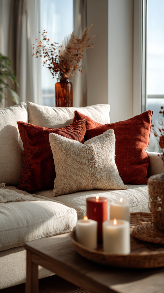 Beiges Sofa mit rostroten Kissen und passenden Kerzen auf Couchtisch