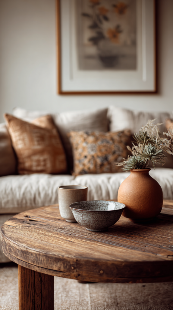 Wohnzimmer mit rundem Couchtisch im Boho Vintage Style