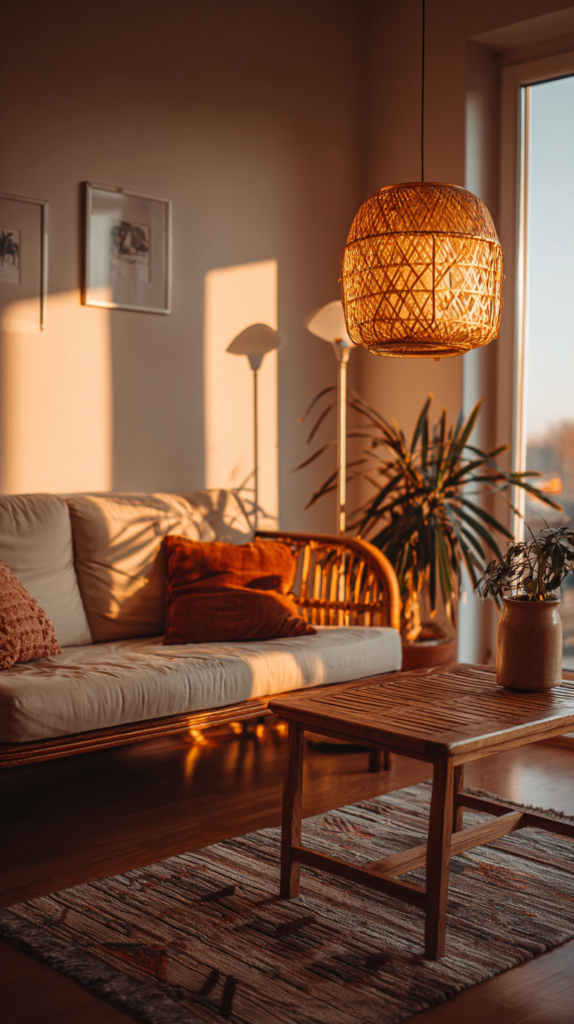 Wohnzimmer im Boho Vintage Style mit Rattan-Hängelampe und Vintage-Stehlampe