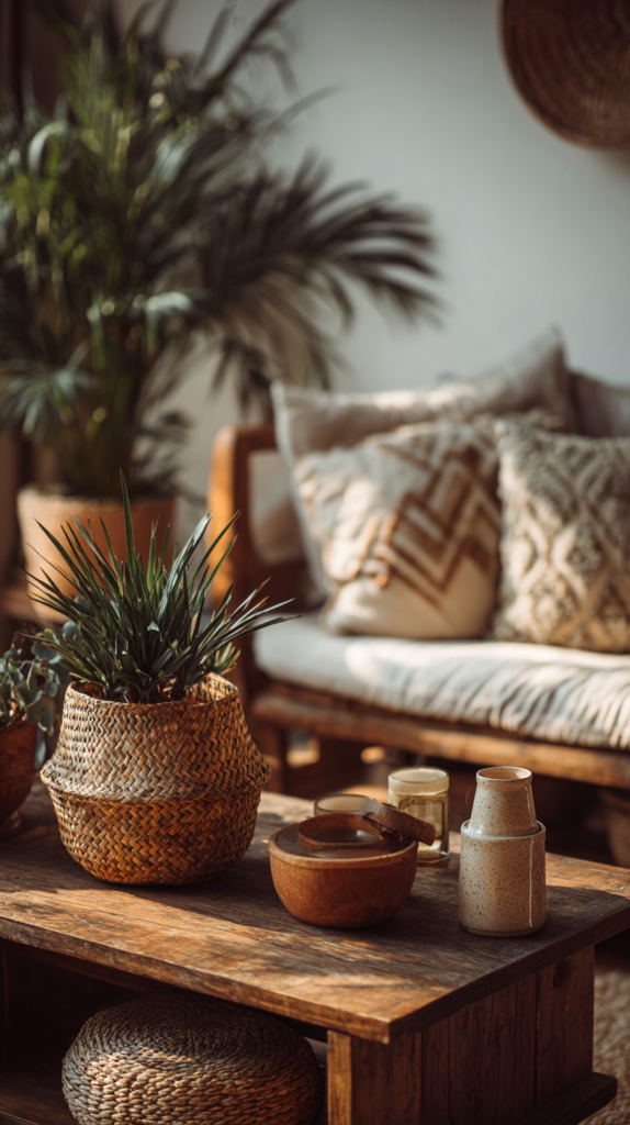 Wohnzimmer im Boho Vintage Mix mit großen Zimmerpflanzen in Körben und Keramiktöpfen