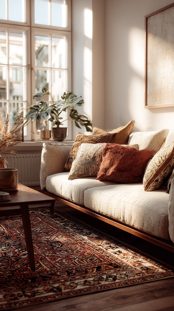 Wohnzimmer mit Vintage-Teppich in Rot- und Terrakottatönen und hellem Boho-Sofa