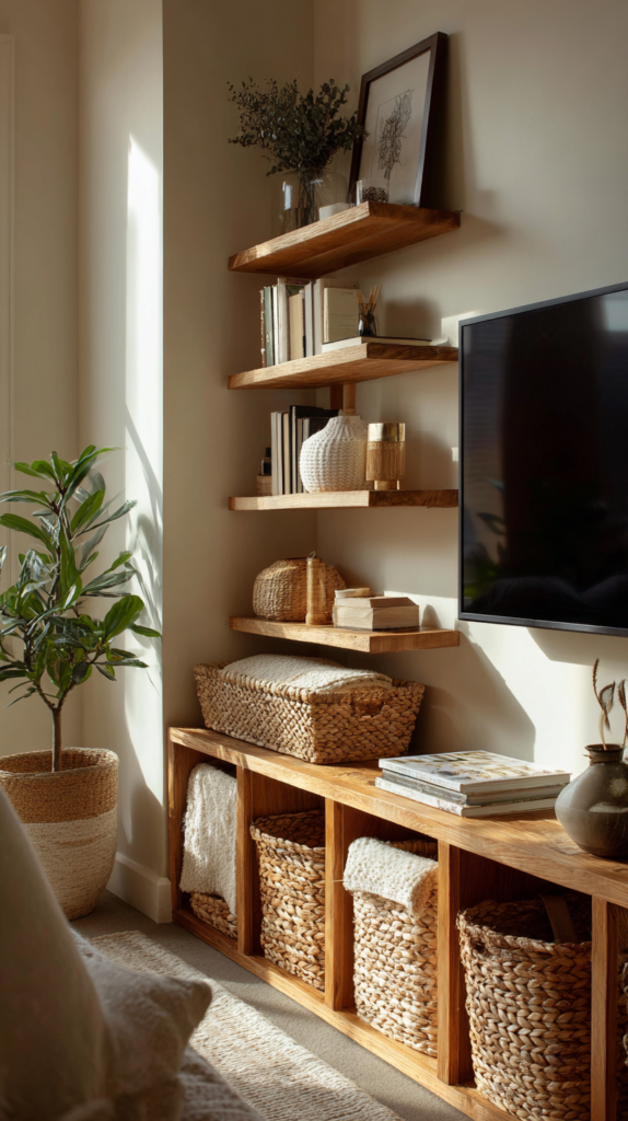 TV mittig, seitlich zwei schmale Regale mit Körben unten – Familienfreundlich.“