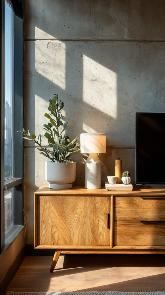 Eck-TV auf Schwenkhalter mit dreieckigem Lowboard – platzsparend.“