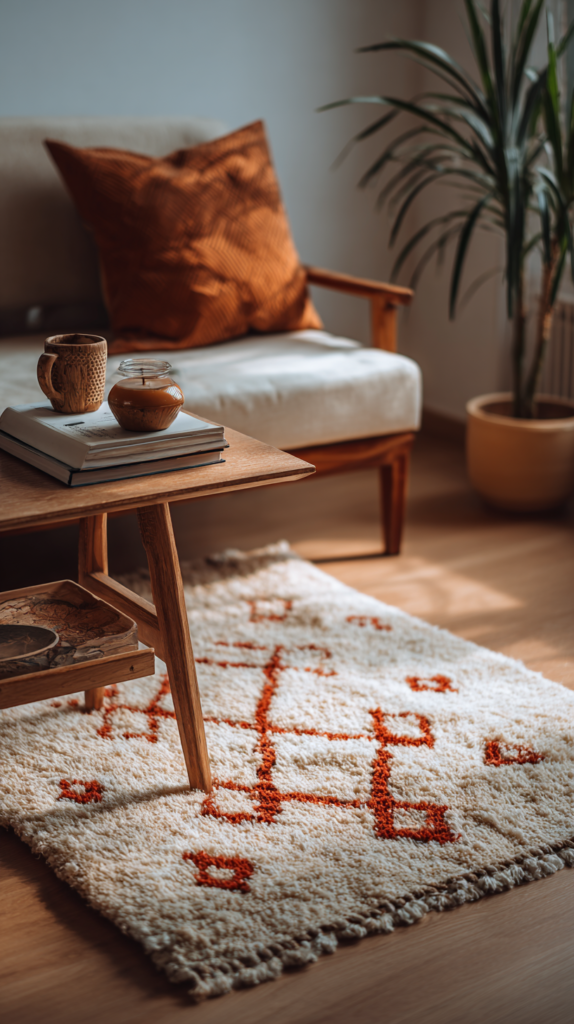 Beiger Teppich mit rostroten Mustern in modernem Wohnzimmer