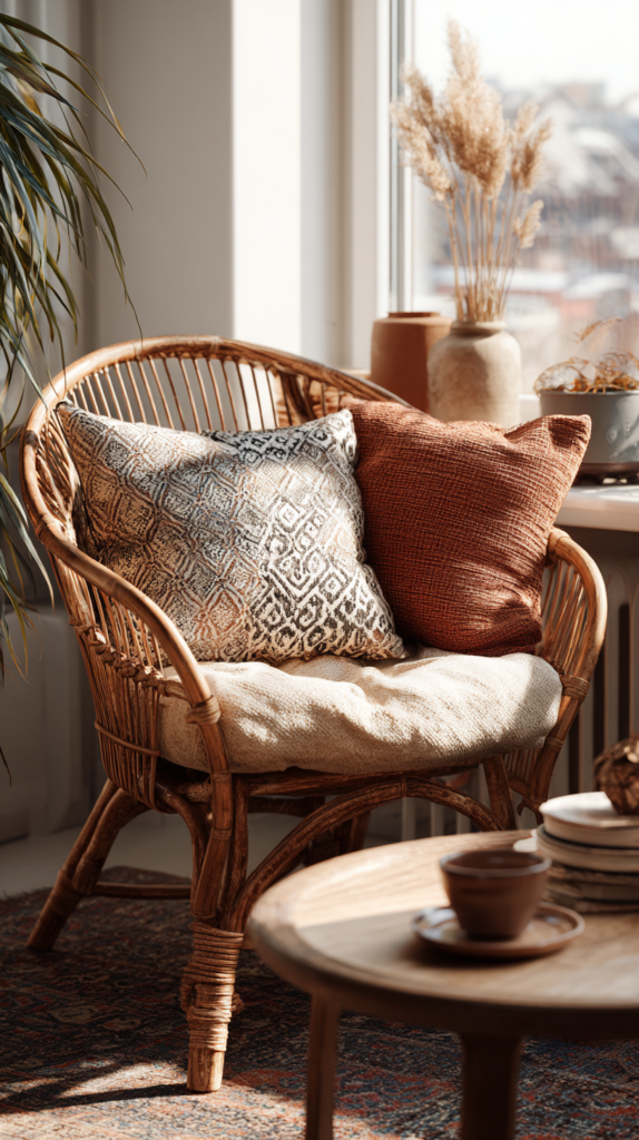 Wohnzimmer mit Rattan-Sessel, Vintage-Couchtisch und Boho-Kissen