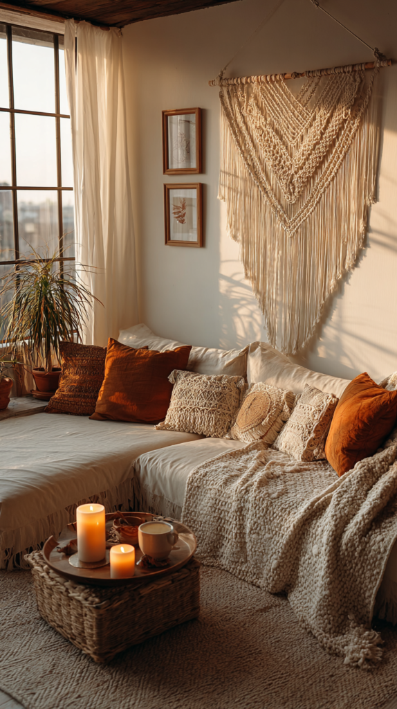 oho Vintage Wohnzimmer mit Makramee-Wandbehang und gerahmten Vintage-Bildern