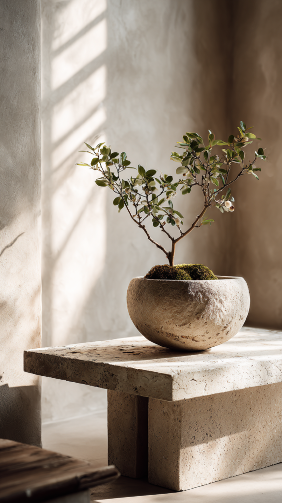 Flache Keramik-Ikebana-Schale mit Kenzan, dreiteilige Anordnung aus Gras, Blatt, Blüte.“