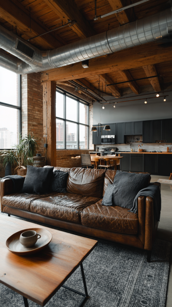 Wohnzimmerdecke mit offenen Balken im Industrial Style