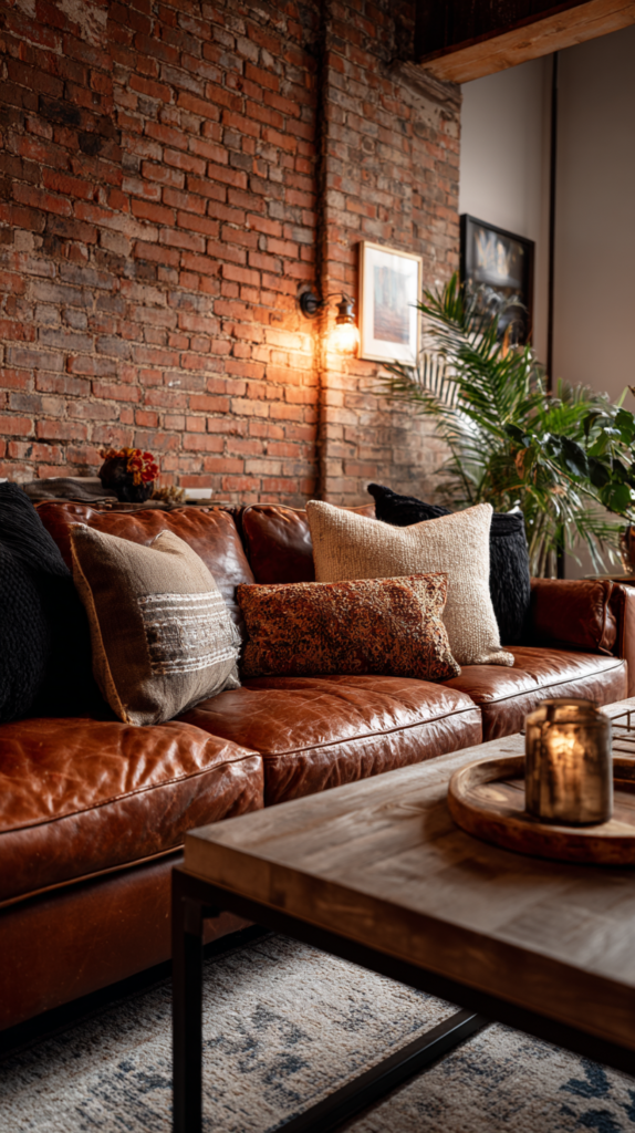 Wohnzimmer im Industrial Style mit Backsteinwand und Metallmöbeln