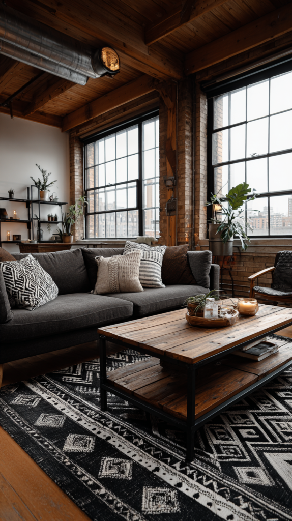 Industrial Wohnzimmer mit Vintage-Accessoires und Metallboxen