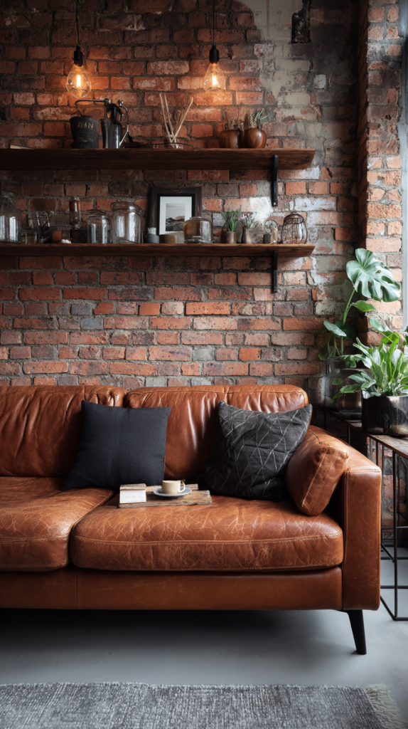 Wohnzimmer mit cognacfarbenem Ledersofa im Industrial Design