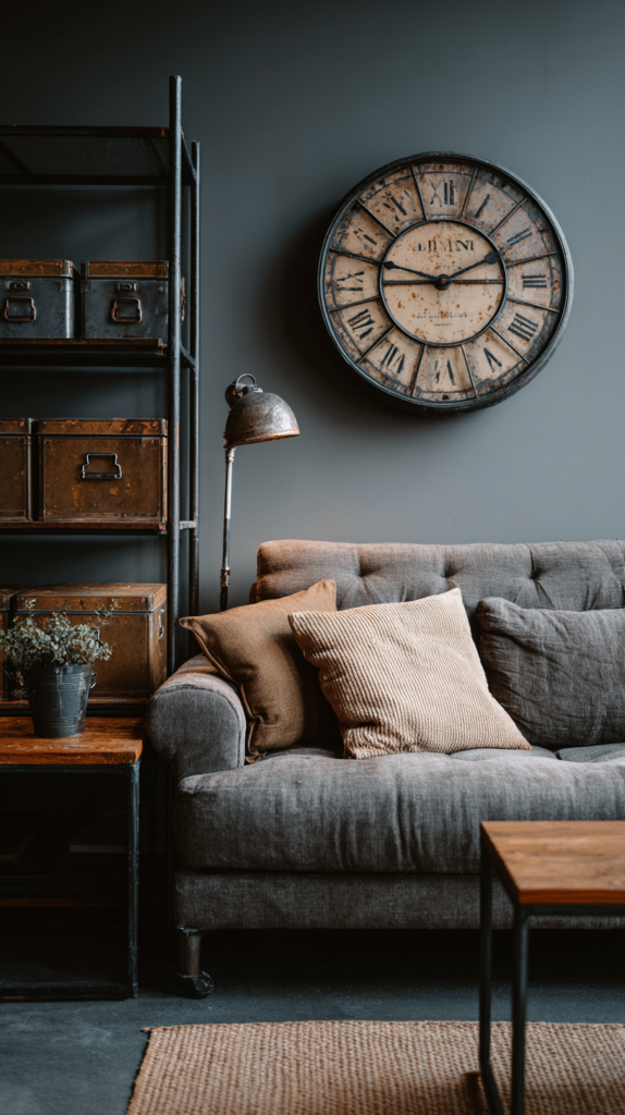 Industrial Wohnzimmer mit schwarz-weißem Teppich und Metallmöbeln