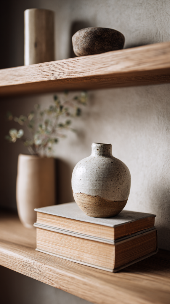 „Japandi-Regal mit bewusstem Leerraum, Bücherstapel, Mini-Vase und kleinem Steinobjekt.“