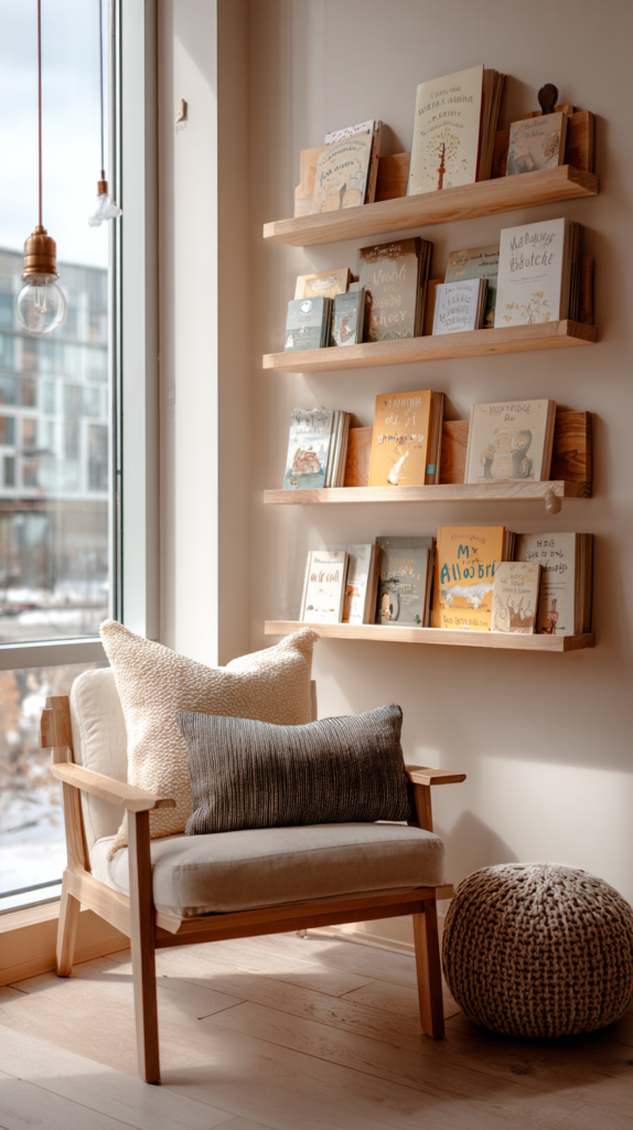 Kinderzimmer mit Bilderleisten voller Kinderbücher in bunten Farben