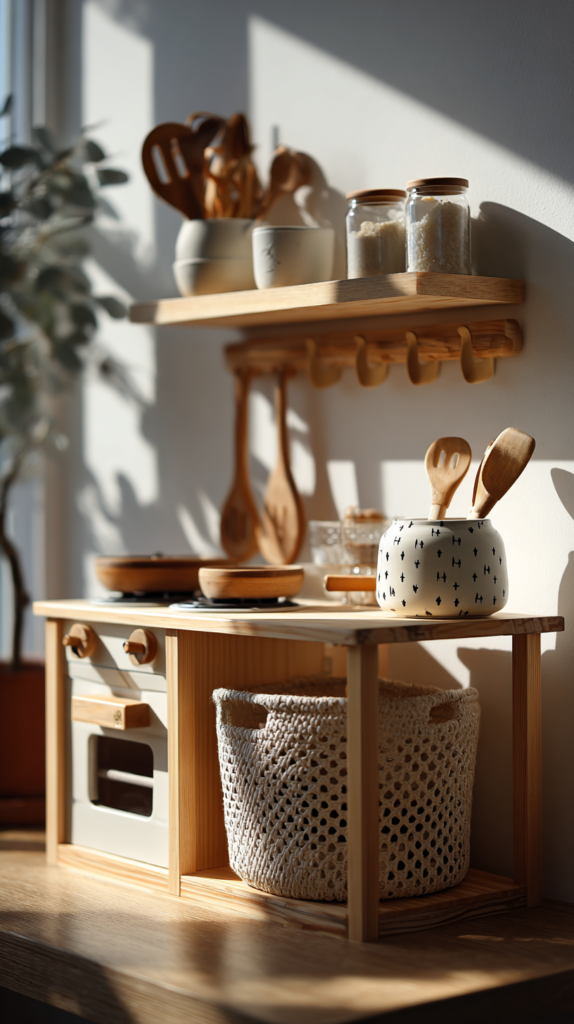 Kinderzimmer mit Holz-Spielküche und Aufbewahrung für Zubehör