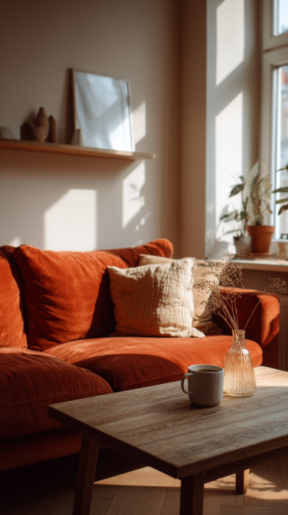 Wohnzimmer mit beigem Teppich und rostroten Kissen auf Sofa