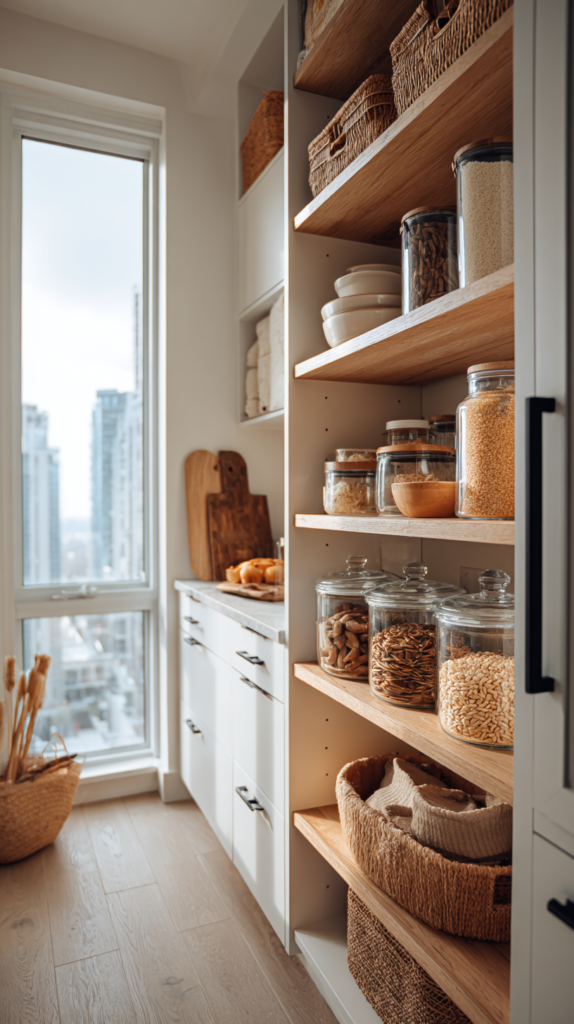 Schmaler Abstellraum mit schmalen Regalen und Körben für Vorräte