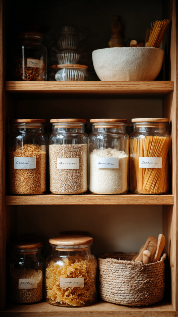 Vorratsgläser mit Etiketten gefüllt mit Nudeln, Reis und Mehl auf Regal
