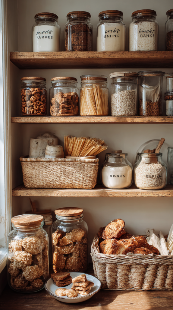 Vorratsregal mit verschiedenen Kategorien wie Frühstück, Snacks und Backzutaten