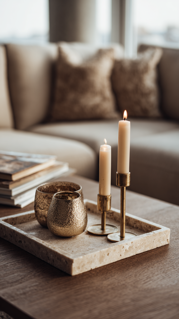 Schmale Messing-Kerzenhalter auf Travertin-Tablett, minimalistische Anordnung auf dem Couchtisch.“