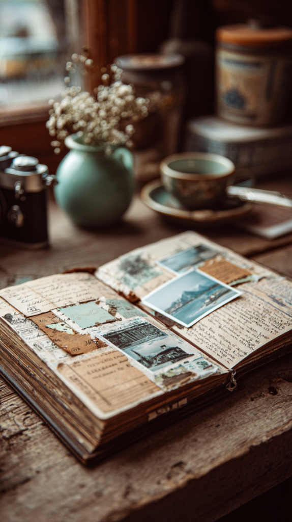 Junk Journal mit eingeklebten Tickets, Fotos und Stoffresten