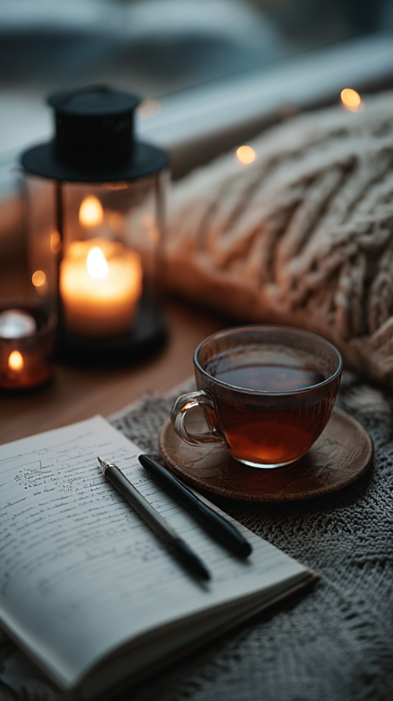  Journal mit Abendroutine-Einträgen, daneben Kerzenlicht