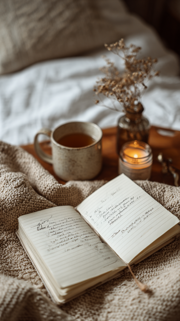 Offenes Notizbuch mit Dankbarkeitseinträgen auf Holztisch