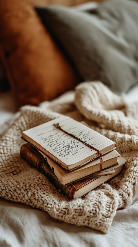 Journal mit Prompt-Karten und handschriftlichen Antworten