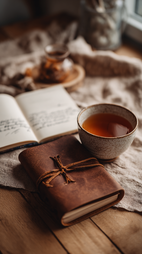 : Ledergebundenes Journal mit handgeschriebenen Notizen und Tasse Tee