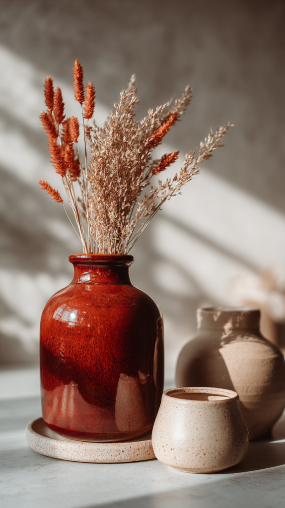 Boho-Deko mit rostroter Vase, Trockenblumen und beige Keramik