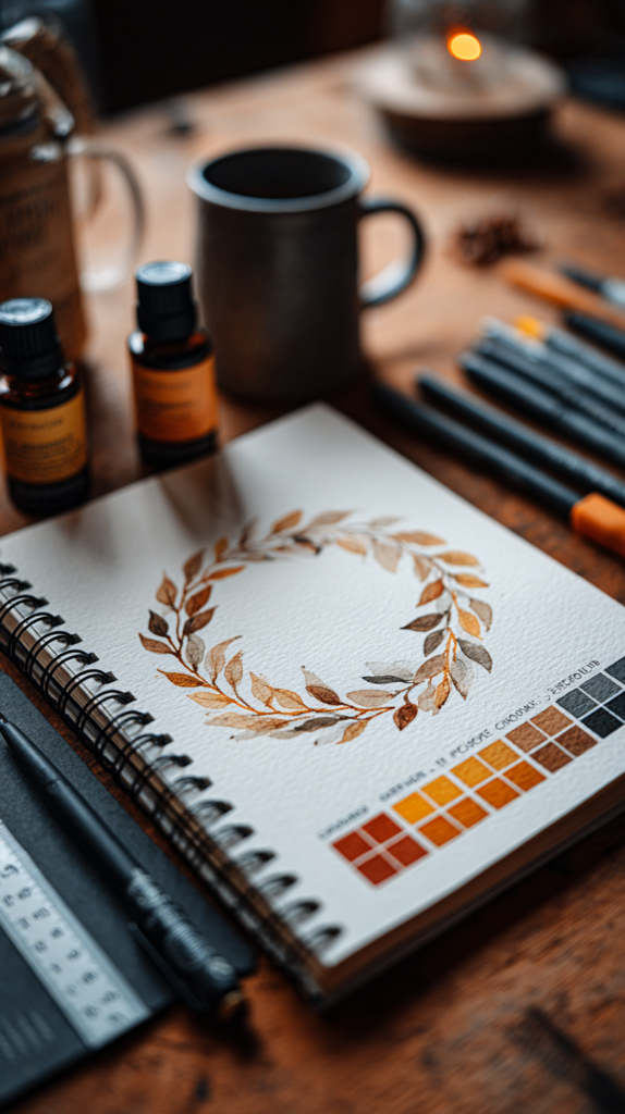 Blätterkranz-Mood-Tracker mit Farblegende auf punktiertem Papier.“